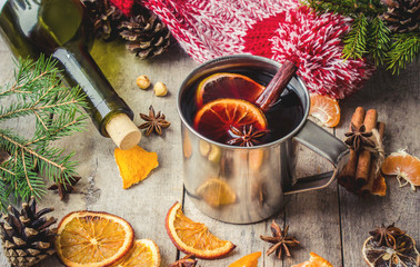 Hot mulled wine in a mug. 