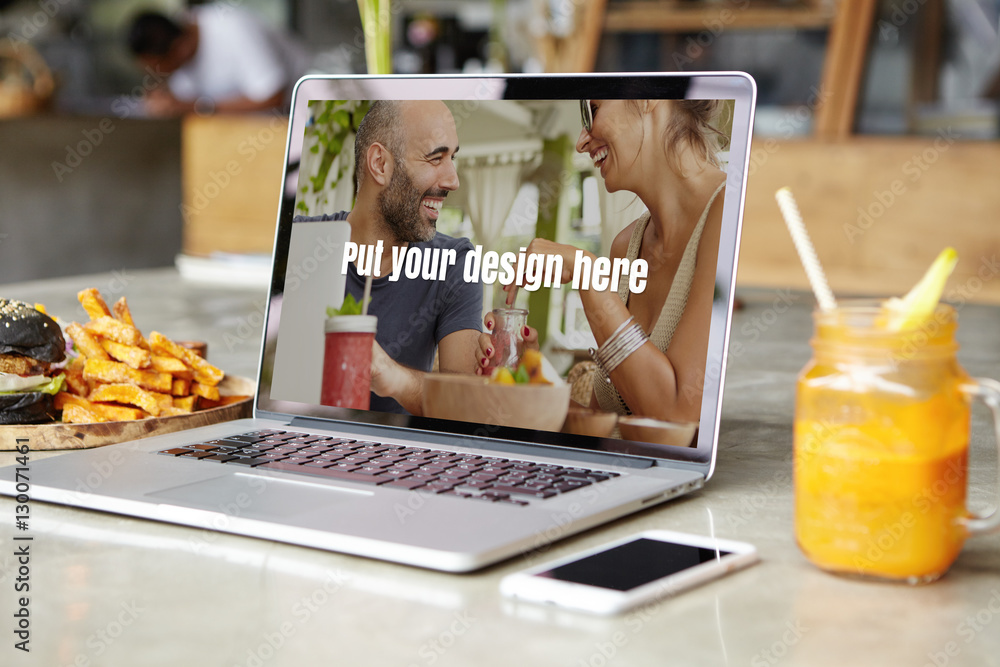 Poster modern technology, business and communication concept. workplace with generic open laptop, smart pho