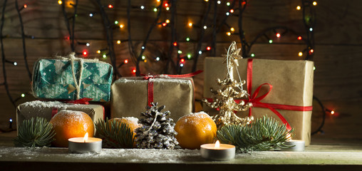 New year composition with tangerines and gifts