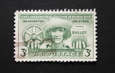 Fototapeta premium American vintage postage stamp about election in Puerto Rico