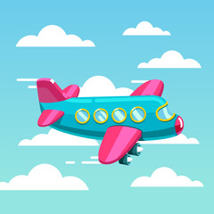 Obraz premium Cute comic air plane jet flying fast in the sky