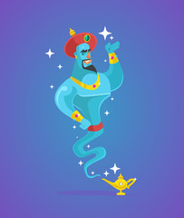 Genie character from magic lamp. Vector flat cartoon illustration - obrazy, fototapety, plakaty
