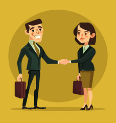 Businesswoman and businessman characters shaking hands. Vector flat cartoon illustration