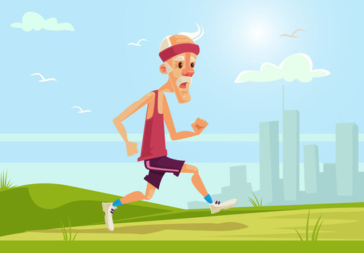 Old sport man character running. Healthy lifestyle. Vector flat cartoon illustration
