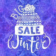 Winter Special banner or label with a knitted woolen cap on watercolor background. Business seasonal shopping concept big sale.