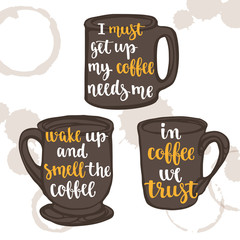 Modern calligraphy style quote about coffee on cup shape with hand painted watercolor spot background.