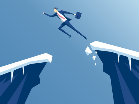 Businessman Jump Through The Gap In The Rocks. An Employee With A Running Jump From One Cliff To Another. The Concept Of Business Risk And Success