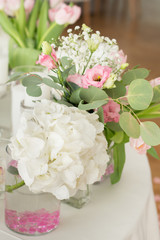 Wedding Table Decoration. Table set for a wedding dinner. Beautiful flowers on table in wedding day