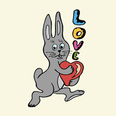 enamored rabbit with heart and inscription love