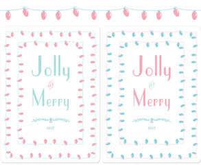 Hand draw of Christmas light bulbs,Jolly and Merry for Christmas,Happy Holiday greeting cards