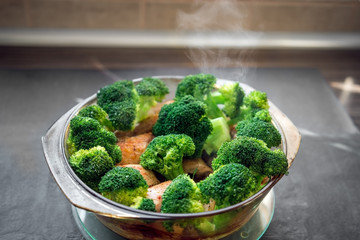 Roast beef with broccoli hot out of the oven for lunch