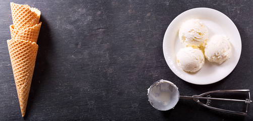 Plate of ice cream scoops and waffle cones