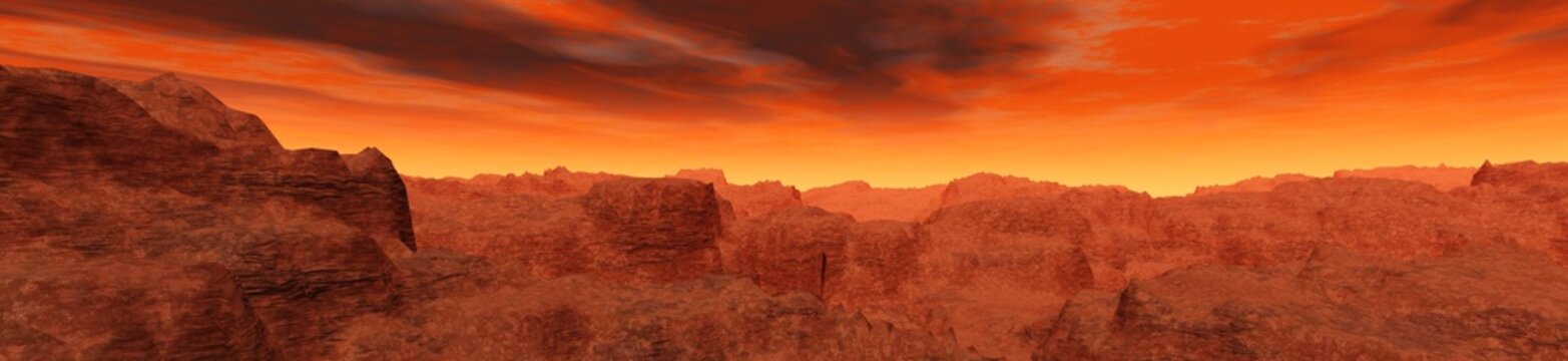 Martian landscape. Mars. Panorama sunset on Mars.
