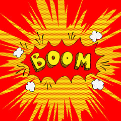 Boom! Comic style phrase on background with explosion. Design element for poster, t-shirt. Vector illustration.