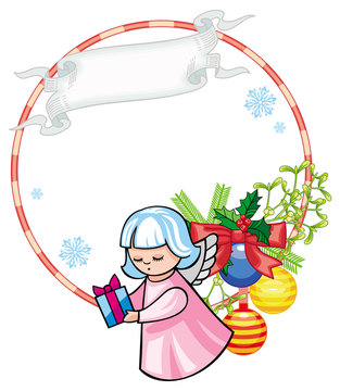 Christmas round label with cute angels. Copy space. Christmas holiday background