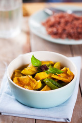 spicy pork curry with mixed vegetable in bowl,thai food