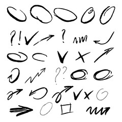 Set of hand drawn arrows and rings. Design elements for infographic, banners. Vector illustration.