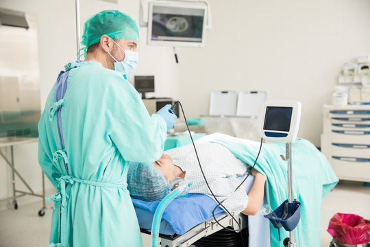 Doctor performing an endotracheal intubation