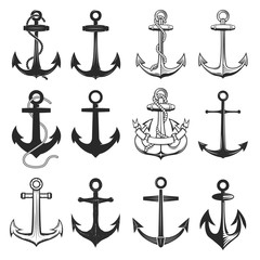 Big set of vintage style anchors isolated on white background. Design elements for t-shirt, poster. Vector illustration. © Kotliar Ivan