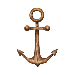 Handwork watercolor brown wooden anchor on white background, isolated watercolor illustration. - 130082458
