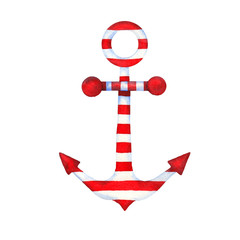 Handwork watercolor anchor with red and white stripes  on white background, isolated watercolor illustration. - 130082464