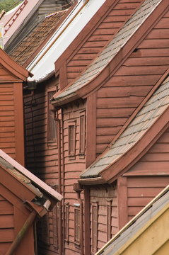 View of the wooden buildings of the Bryggen area, Bergen