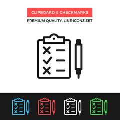 Vector clipboard and checkmarks icon. Thin line icon