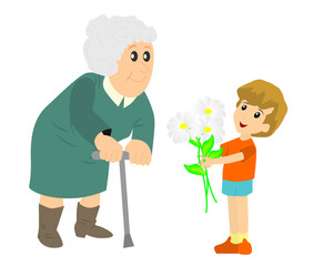 the boy gives grandma Daisy flowers cartoon illustration