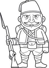 Cartoon Turkish soldier stands guard with a rifle in his hand
