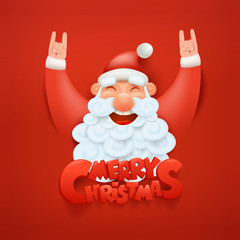 Santa claus character making hard rock sign Merry christmas title