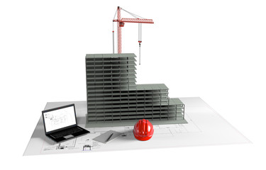 model house under construction, computer, helmet, 3D visualization