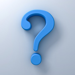 Blue question mark on white background abstract with shadow 3D rendering