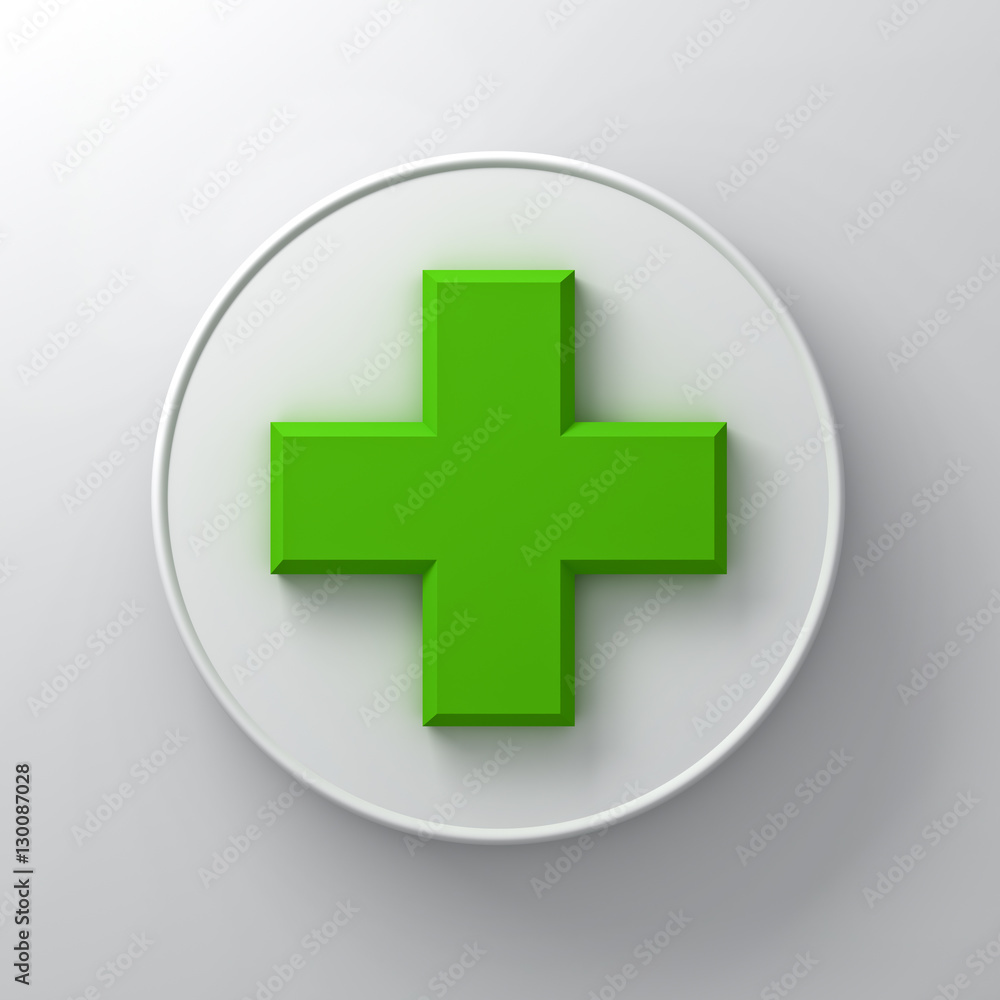Poster Green plus sign abstract on round signboard over white wall background with shadow 3D rendering