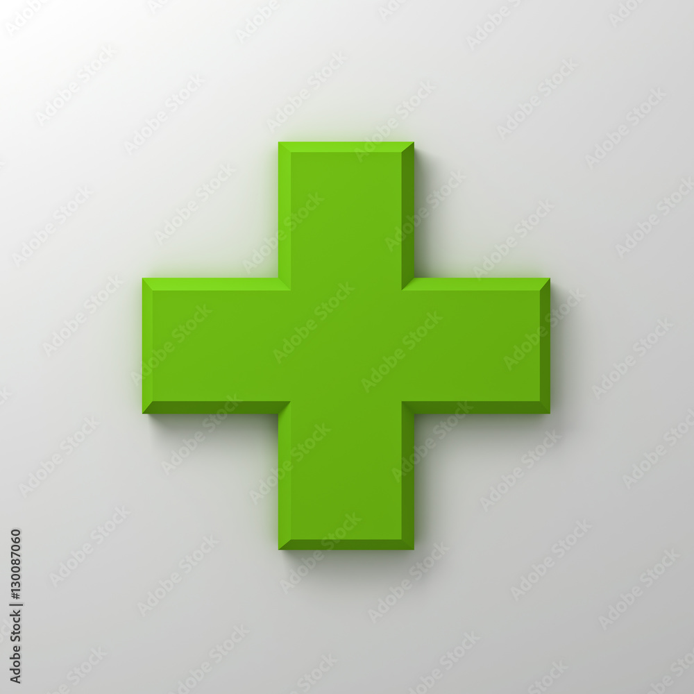 Poster green plus sign abstract on white wall background with shadow 3d rendering