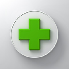 Green plus sign abstract on round signboard over white wall background with shadow 3D rendering
