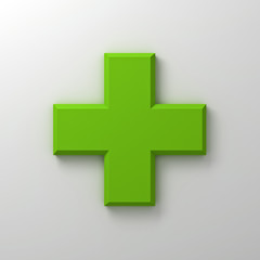Green plus sign abstract on white wall background with shadow 3D rendering