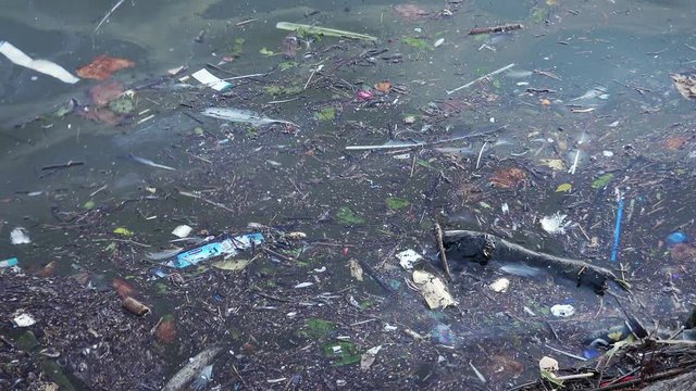 Plastic garbage and other pollution debris floating in water