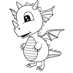 Illustration of Cute Black and White Cartoon Baby Dragon.Vector EPS 8.