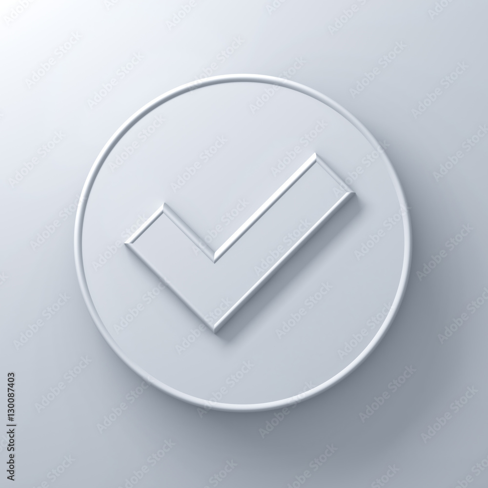 Poster white check mark or tick abstract on round signboard over white wall background with shadow 3d rende