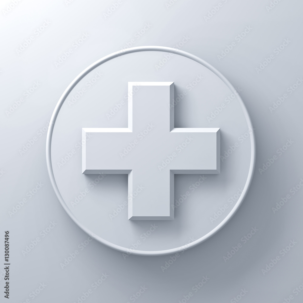 Poster White plus sign abstract on round signboard over white wall background with shadow 3D rendering