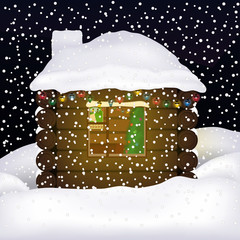 Vector illustration of small wooden house in the snow. Winter night landscape. Christmas lights and christmas tree.