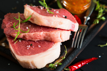 Raw steaks and spices