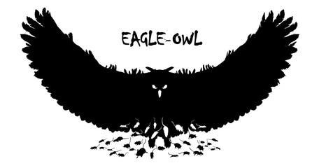 Isolated Flying eagle-owl silhouettes with double exposure effect and the running mouses on the background