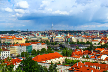 Dramatic sky and beautiful old town rooftop of Prague, Czech Republic