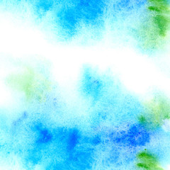 Blue and green watery frame .Abstract watercolor hand drawn illustration.Azure splash.White background.