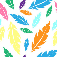 Seamless pattern with color feathers yellow, blue, green, pink, orange colors