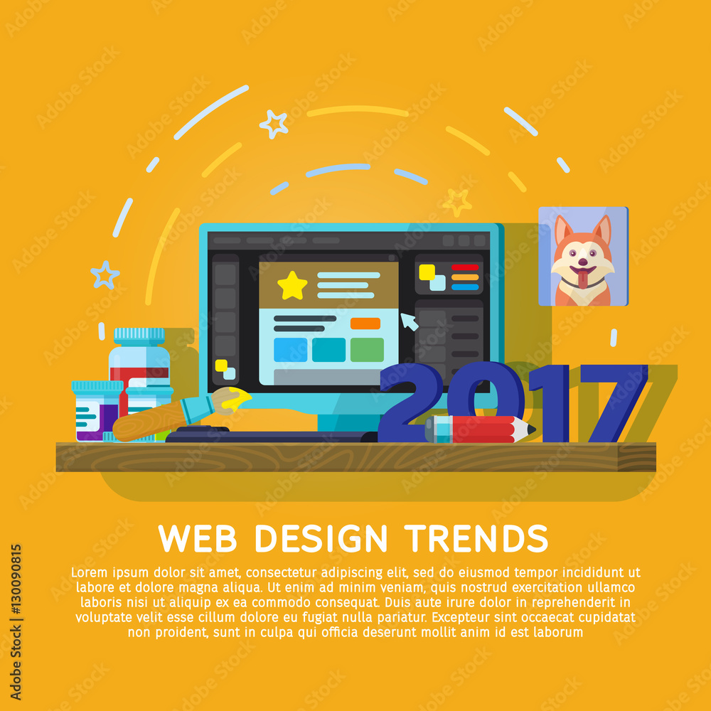 Poster flat designed banner for ui design and web design. trends in graphic design in 2017. workspace desig