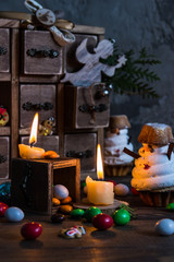 Handmade wooden box,candy, candle and Christmas decoration .