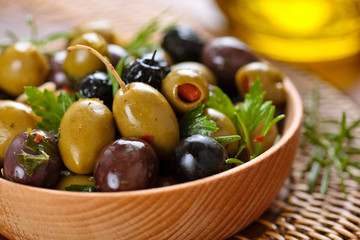 Marinated olives with herbs.