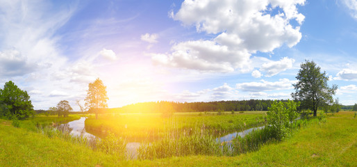 Panoramic landscape of spring morning